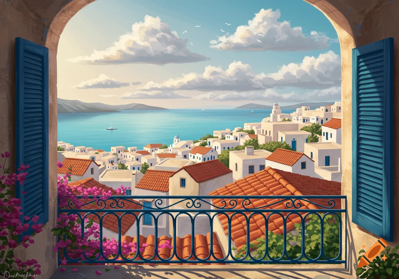 An illustrated view from a balcony overlooking a Greek town with white houses, red roofs, a blue sea, and mountains under a cloudy sky.