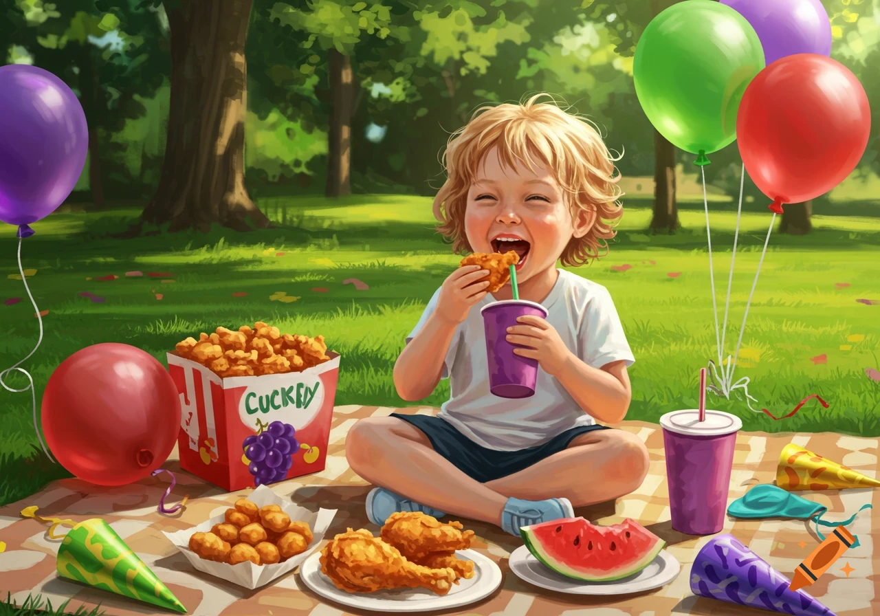 Happy blonde child eating fried chicken and drinking, sitting on a picnic blanket outdoors with balloons and food.