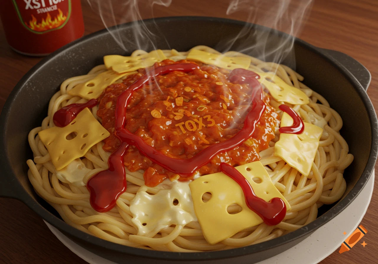 A close-up of steaming spaghetti topped with chunky red sauce, cheese slices with holes, and red ketchup, in a black pan on a wooden table.