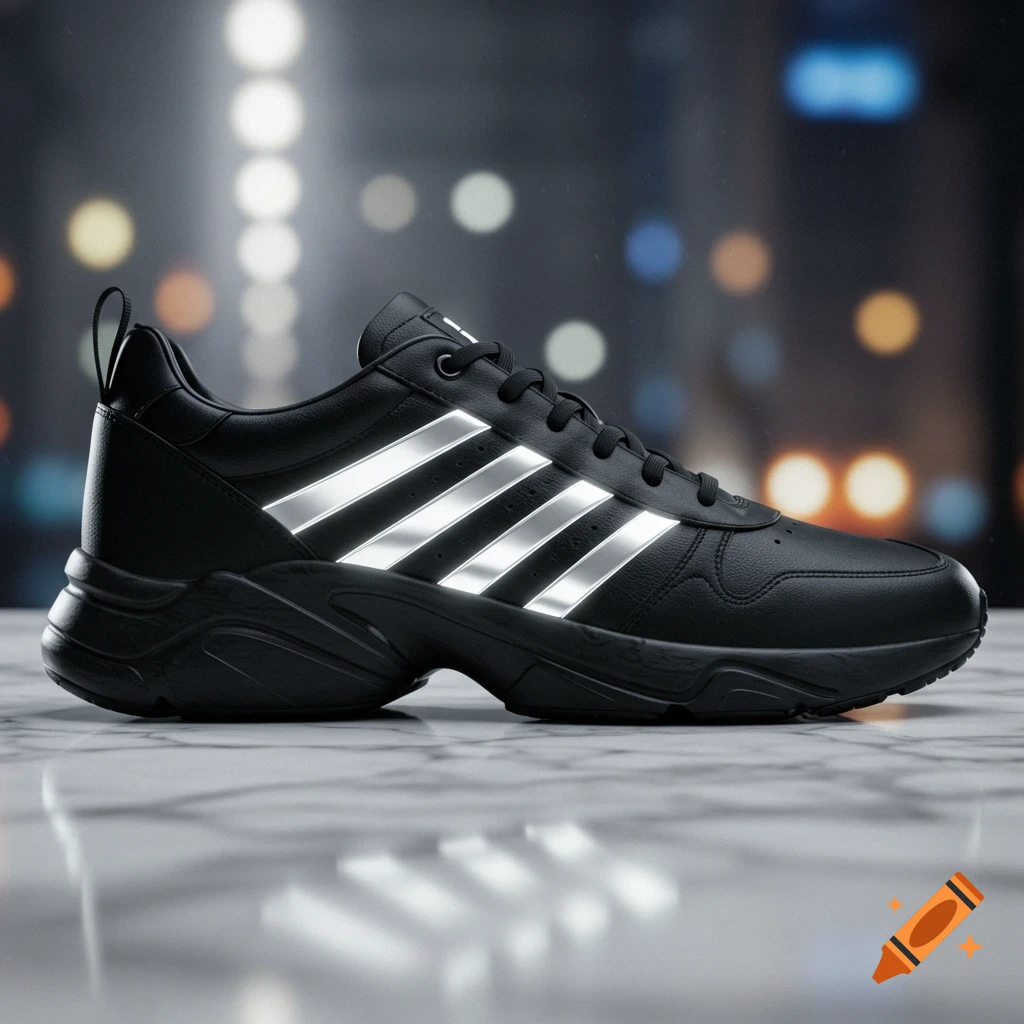 A black athletic shoe with three reflective silver stripes sits on a marble surface with a blurred city lights background.