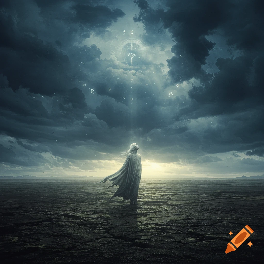 A lone robed figure stands in a vast, cracked wasteland under a stormy sky, illuminated by mystical glowing symbols and light from above.