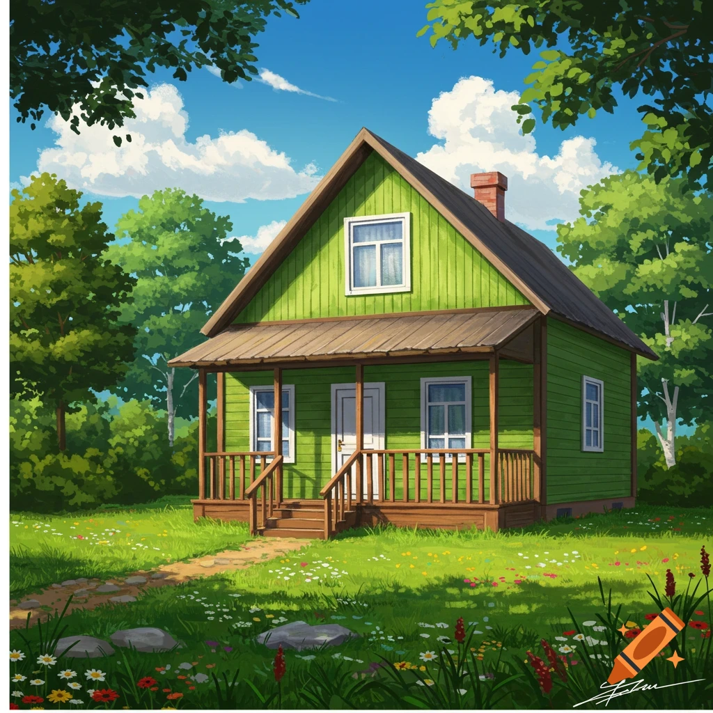 Vibrant anime illustration of a green one-story house with a porch, surrounded by grass, wildflowers, and trees under a blue sky.
