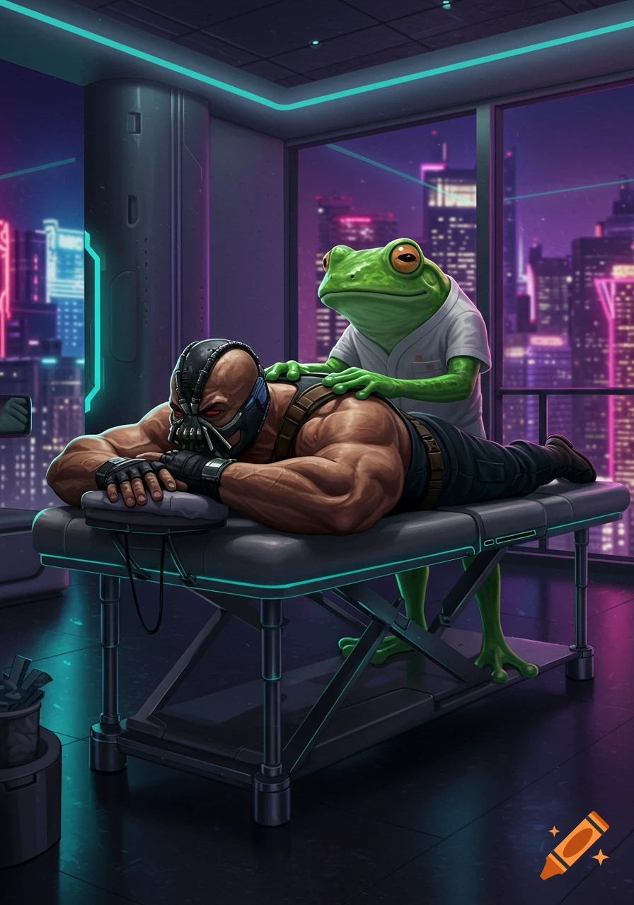 Bane, a muscular character, receives a massage from an anthropomorphic frog in a white uniform, set in a neon-lit cyberpunk city room.