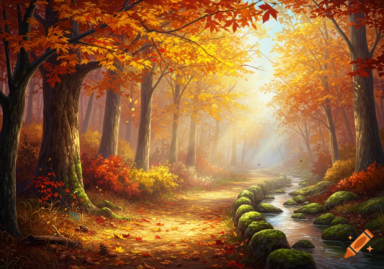 A vibrant autumn forest scene with a sunlit path winding through orange and yellow trees, beside a mossy stream.