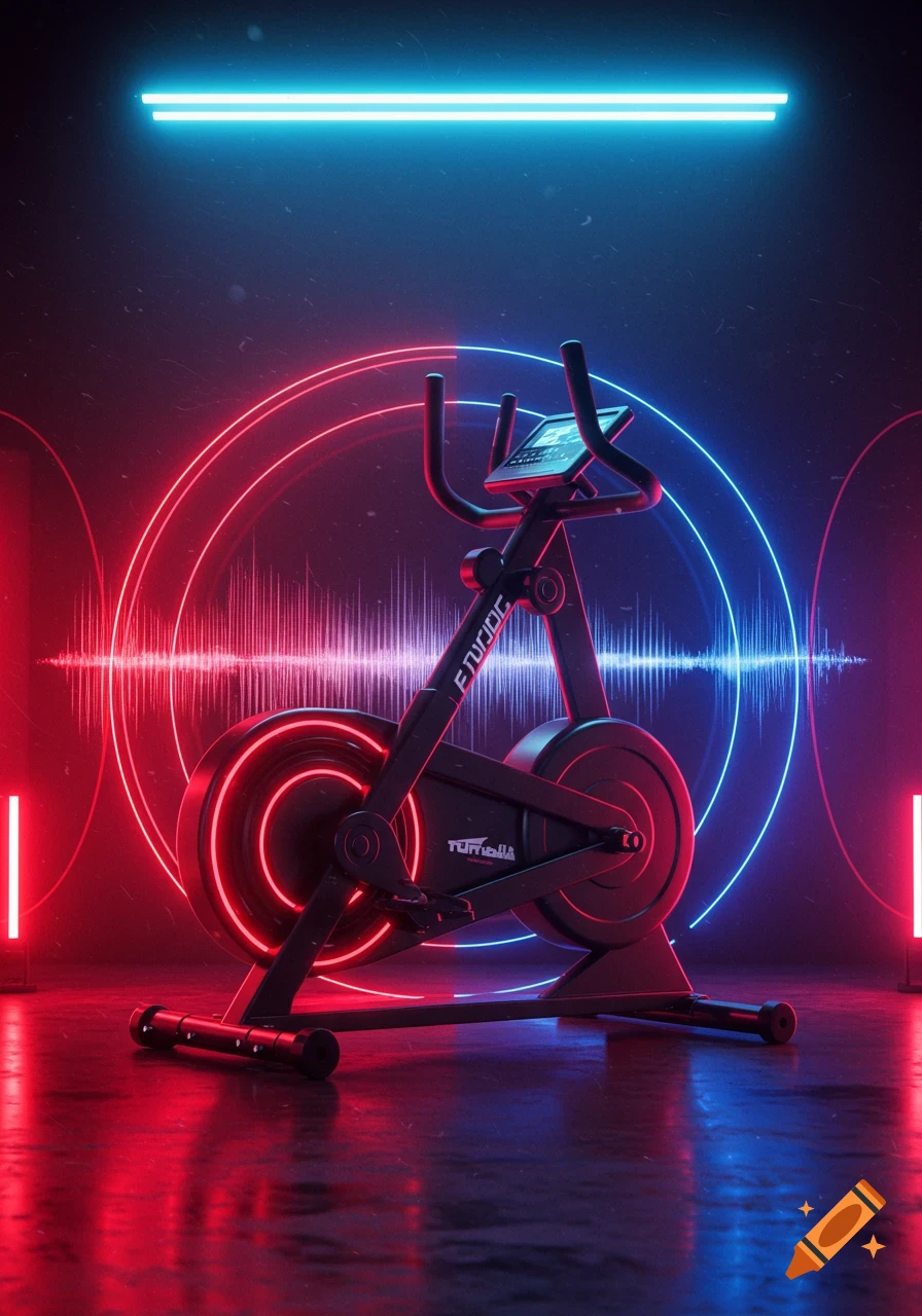 A black stationary exercise bike illuminated by red and blue neon lights and sound wave graphics in a dark room.