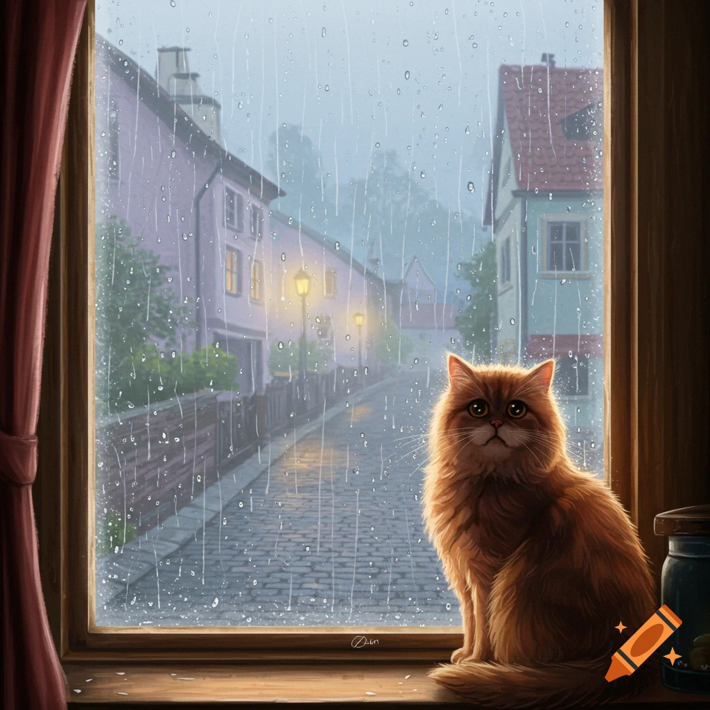 A fluffy orange cat sits on a window sill, looking out at a rainy cobblestone street with distant buildings and glowing streetlights.
