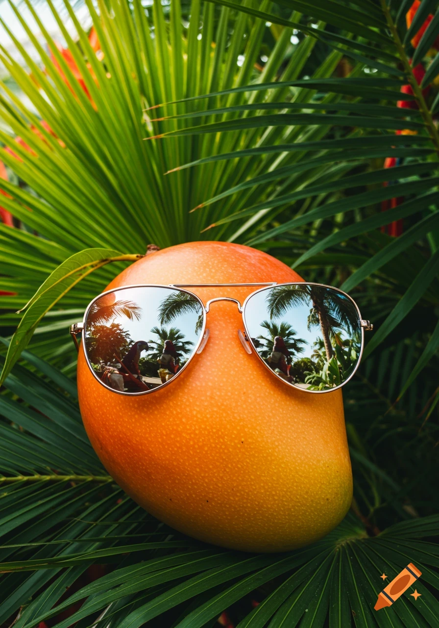 Photorealistic mango wearing aviator sunglasses, reflecting tropical palm trees and people, surrounded by lush green leaves.