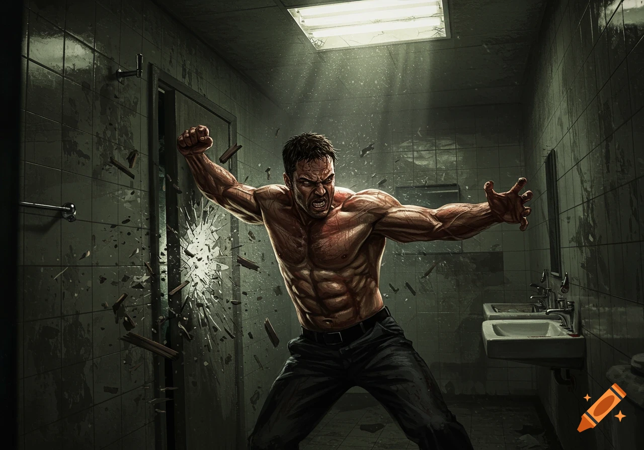 A muscular, angry man in a tiled bathroom smashes a door into flying shards, in a dramatic, comic book style.