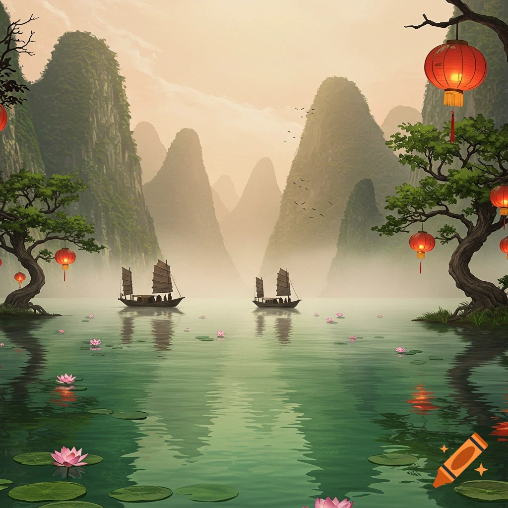 Two traditional Chinese boats on a misty lake surrounded by towering mountains and trees with red lanterns and water lilies.
