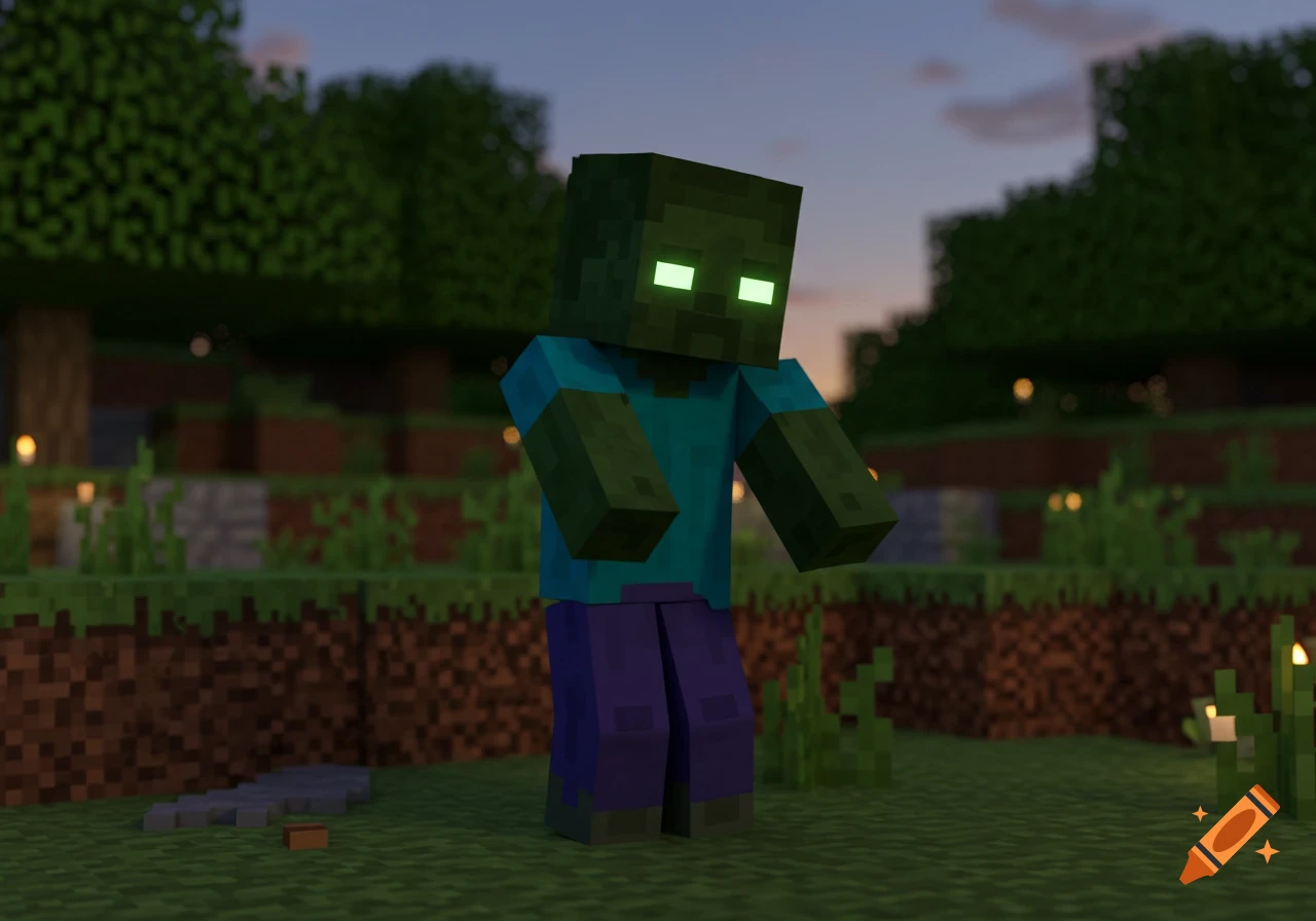 A green-skinned, blocky Minecraft zombie with glowing eyes stands in a grassy, blocky landscape at dusk.