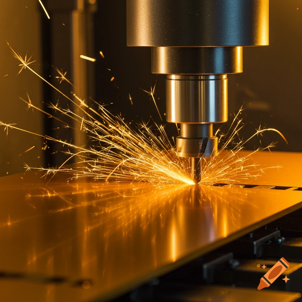 A close-up of an industrial cutting tool machining metal, generating a bright shower of orange and yellow sparks.