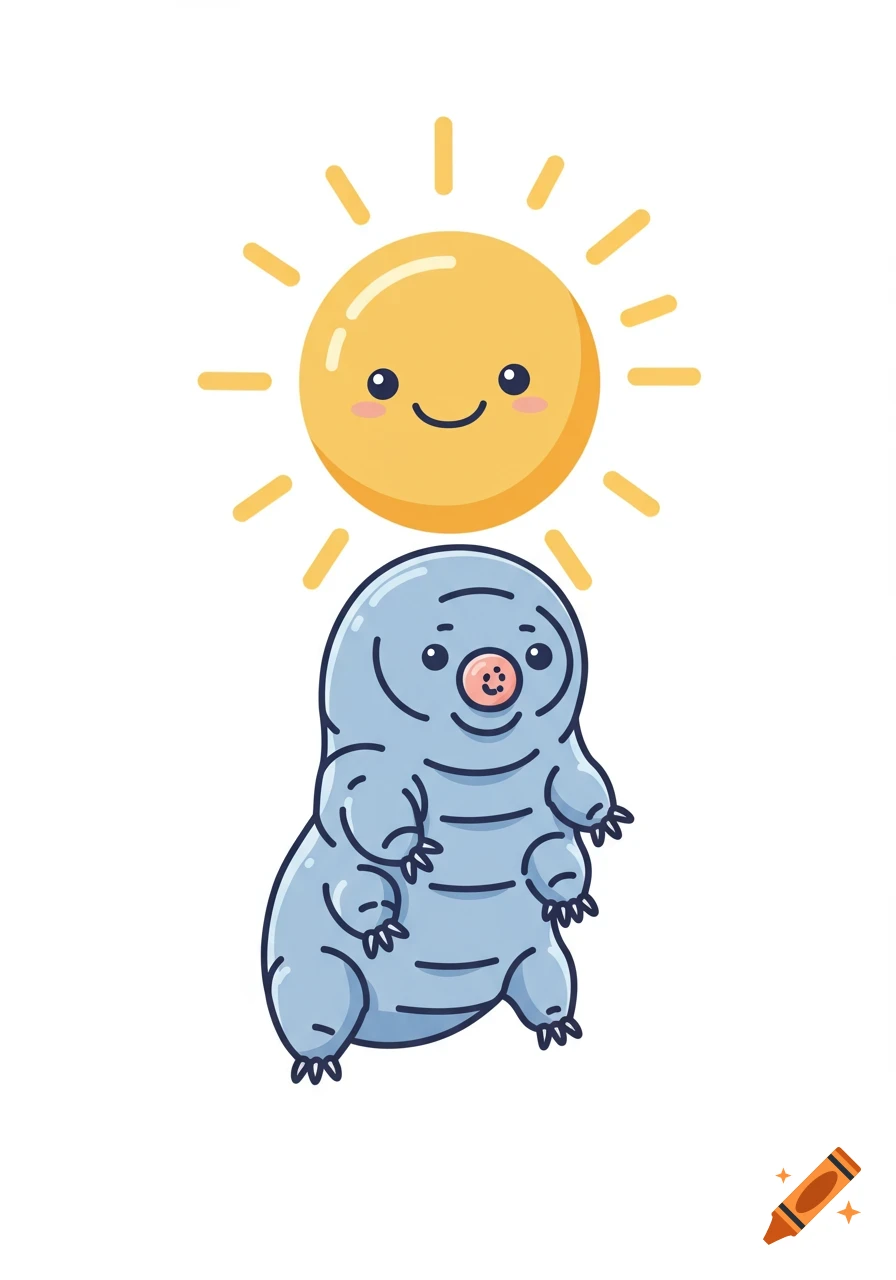 A cute cartoon tardigrade stands beneath a smiling sun.
