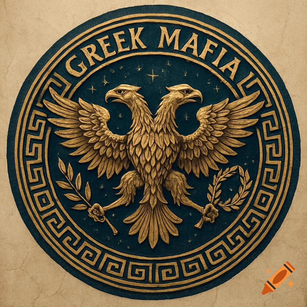 An ornate gold and dark blue circular emblem featuring a double-headed eagle holding branches, surrounded by the text 'GREEK MAFIA' and a Greek key pattern.