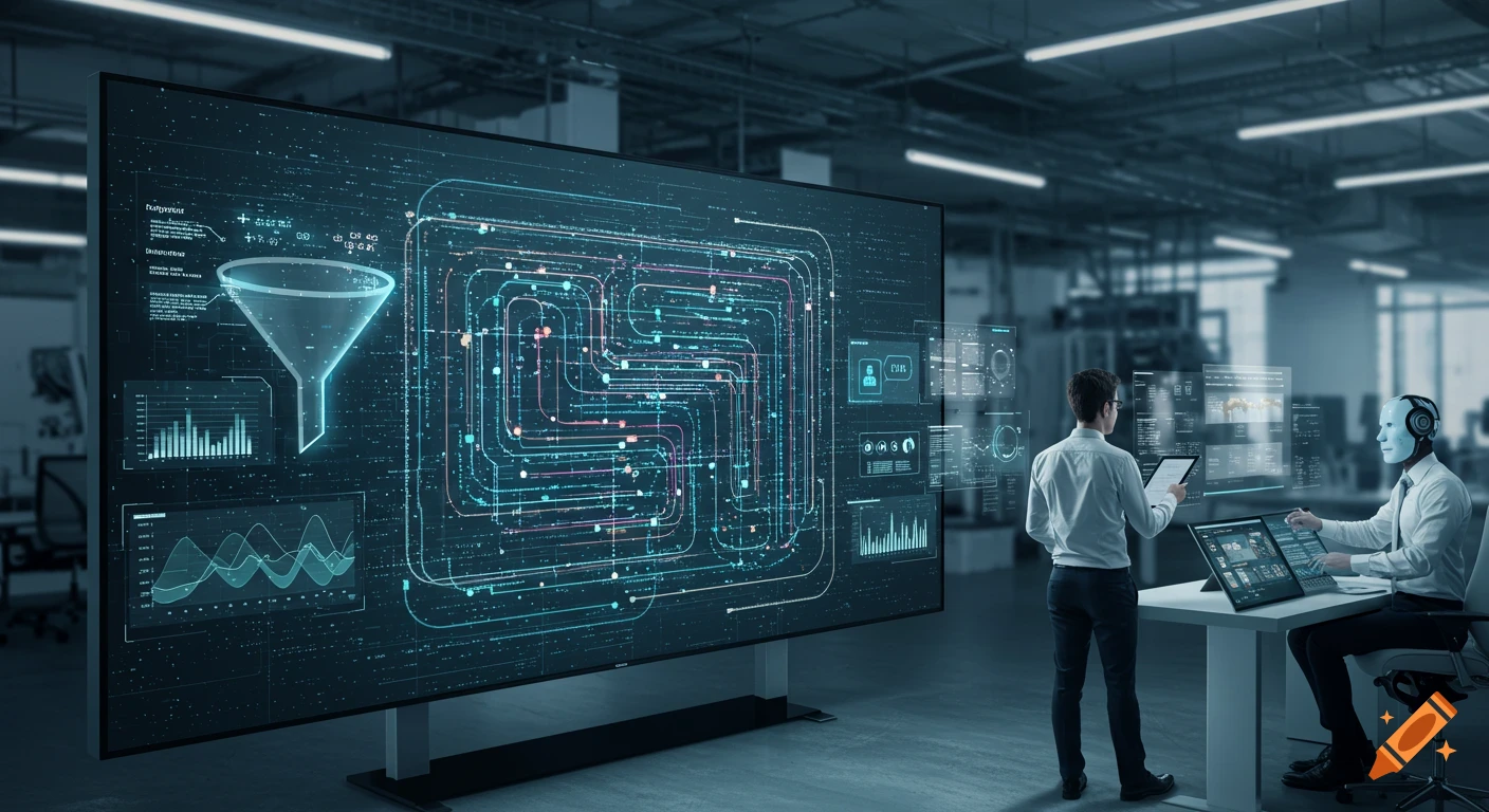 Man and robot interacting with large holographic data screens displaying complex data visualizations in a modern office.