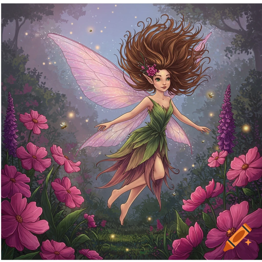 A whimsical fairy with voluminous brown hair and pink wings floats among large pink and purple flowers in a magical forest.