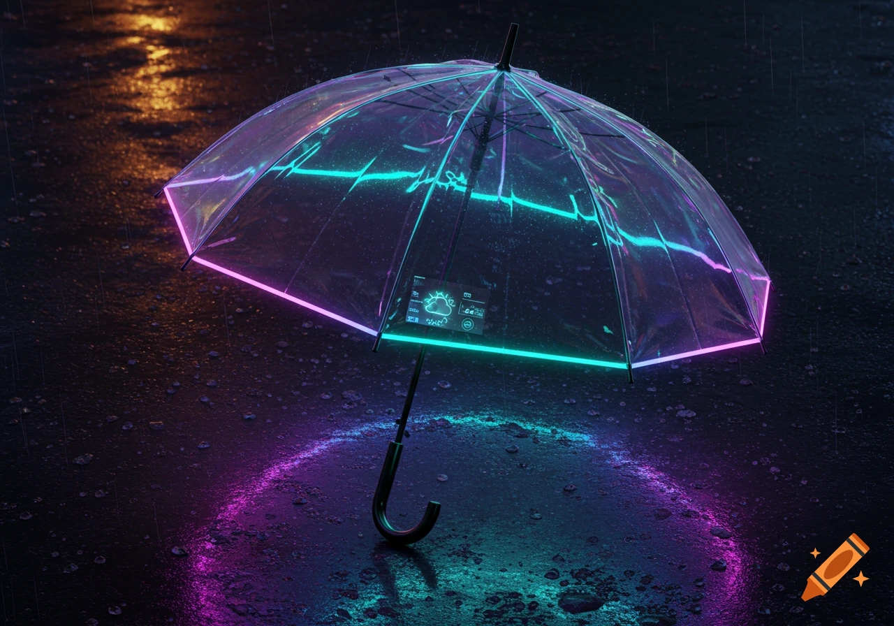 A transparent umbrella with neon pink and blue lights stands on a wet, rainy street at night, reflecting colors.