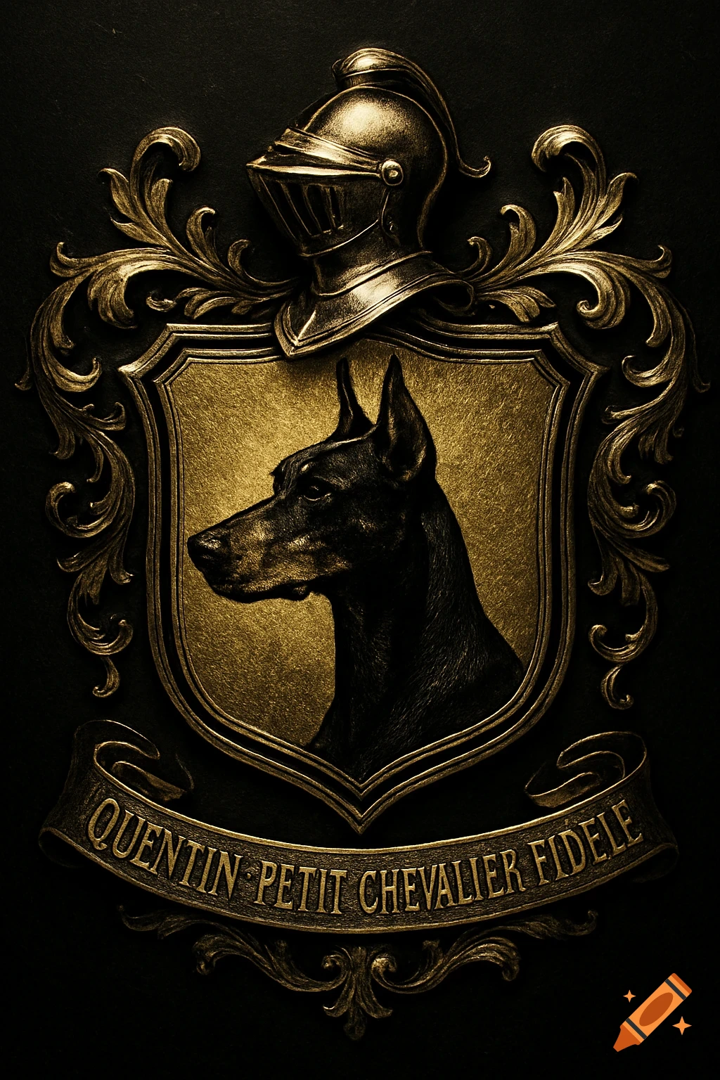A black and gold medieval emblem with a knight's helmet above a shield featuring a Doberman head in profile, with a banner reading 'Quentin Petit Chevalier Fidèle'.