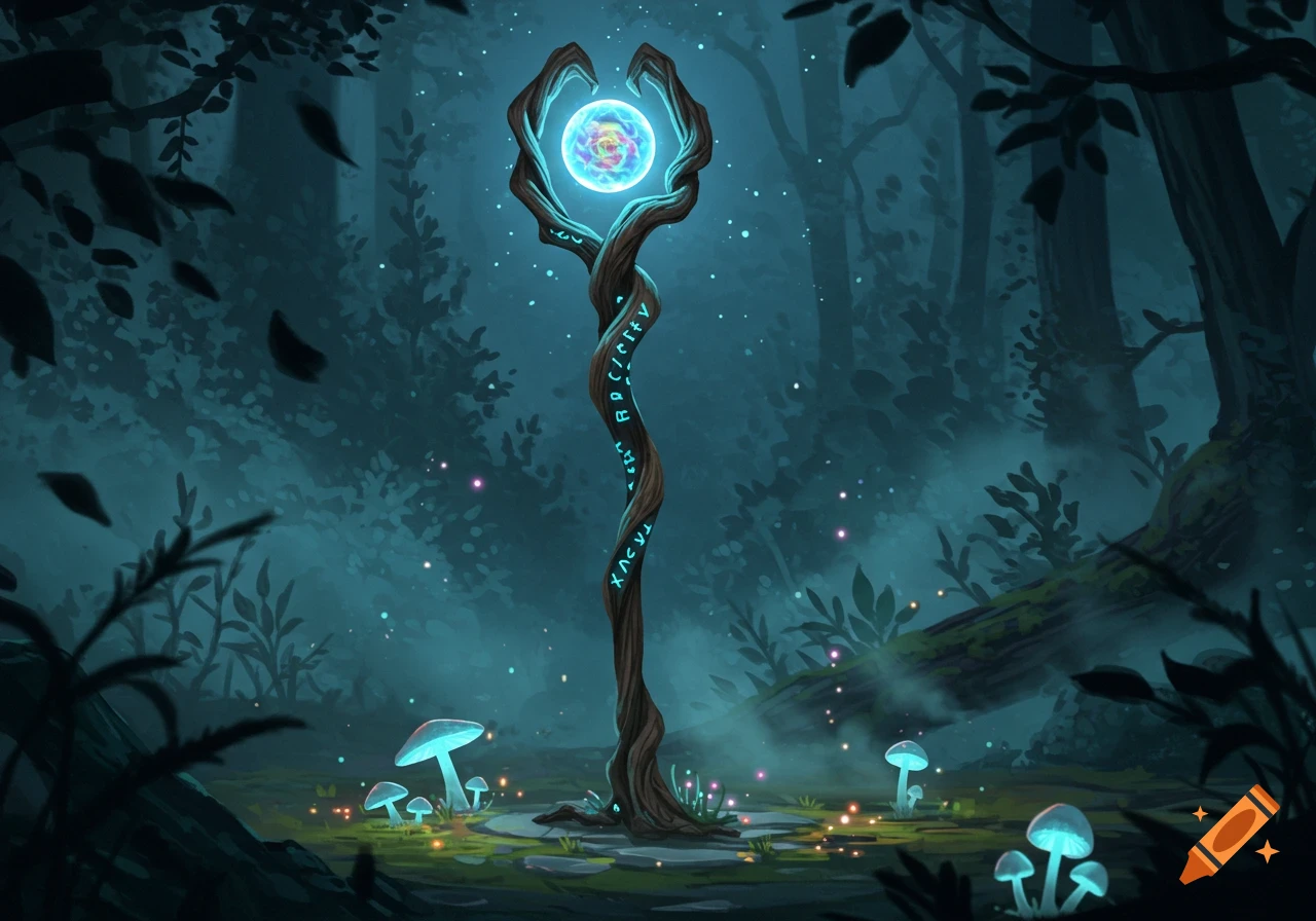 A glowing magical staff with an orb at the top, standing in a dark, mystical forest with glowing mushrooms and fireflies.