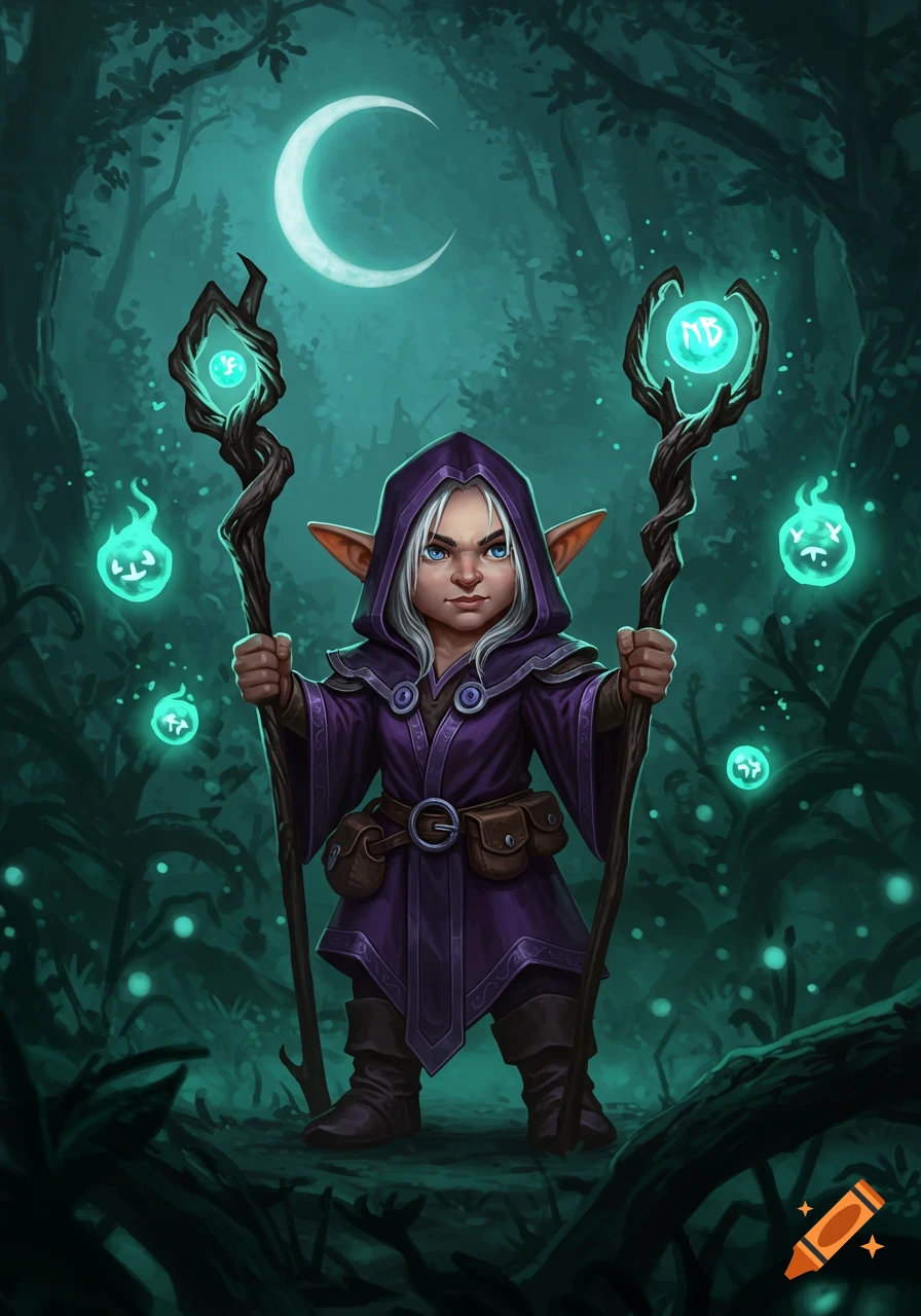 A gnome warlock with white hair and blue eyes, wearing a purple hooded robe, holding two glowing staffs in a dark forest under a crescent moon.