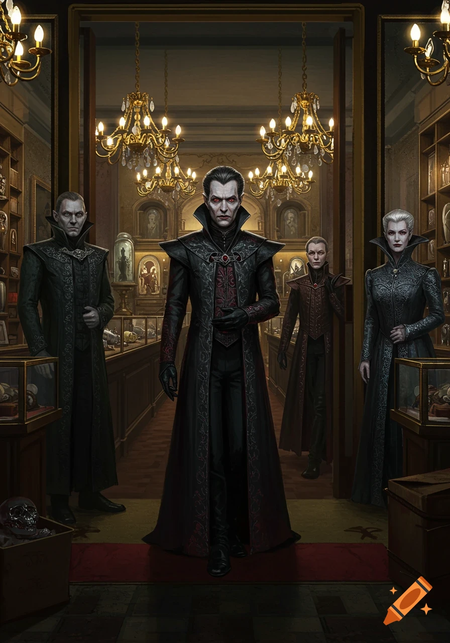 Four gothic-styled figures, resembling vampires, stand in an ornate, dimly lit antique shop filled with display cases and chandeliers.