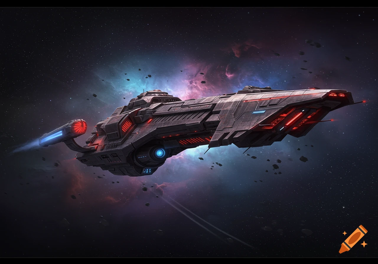 A dark gray, armored futuristic spaceship with red and blue lights flies through a vibrant nebula and asteroid field in deep space.