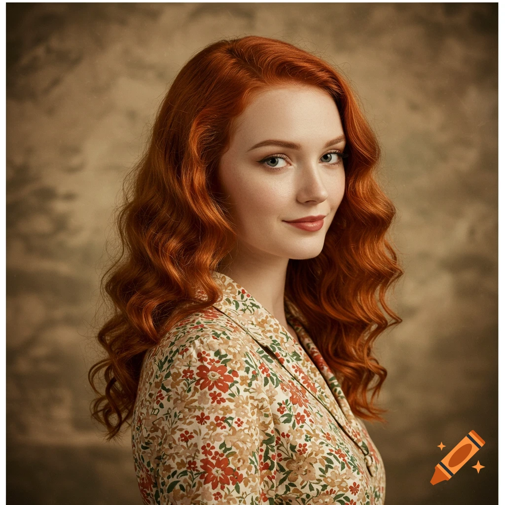 Photorealistic portrait of a smiling young redhead woman with wavy hair, wearing a vintage floral dress against a sepia background.