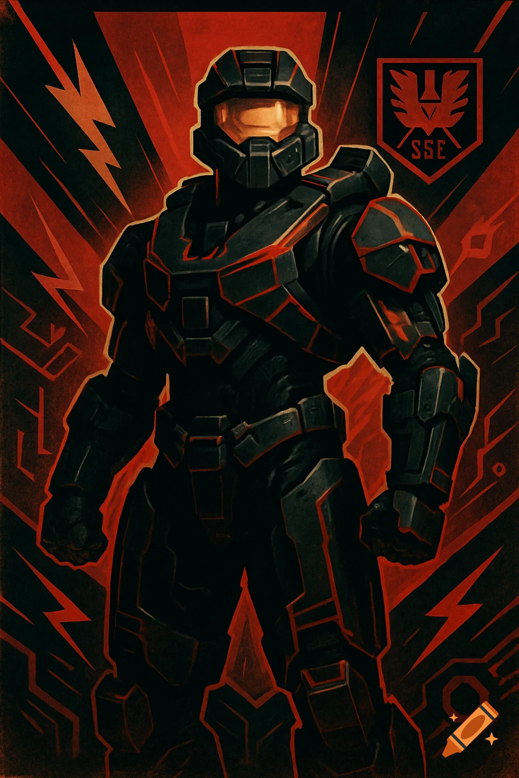A black and red armored futuristic soldier in a propaganda poster style, with a red background and an SSE emblem.