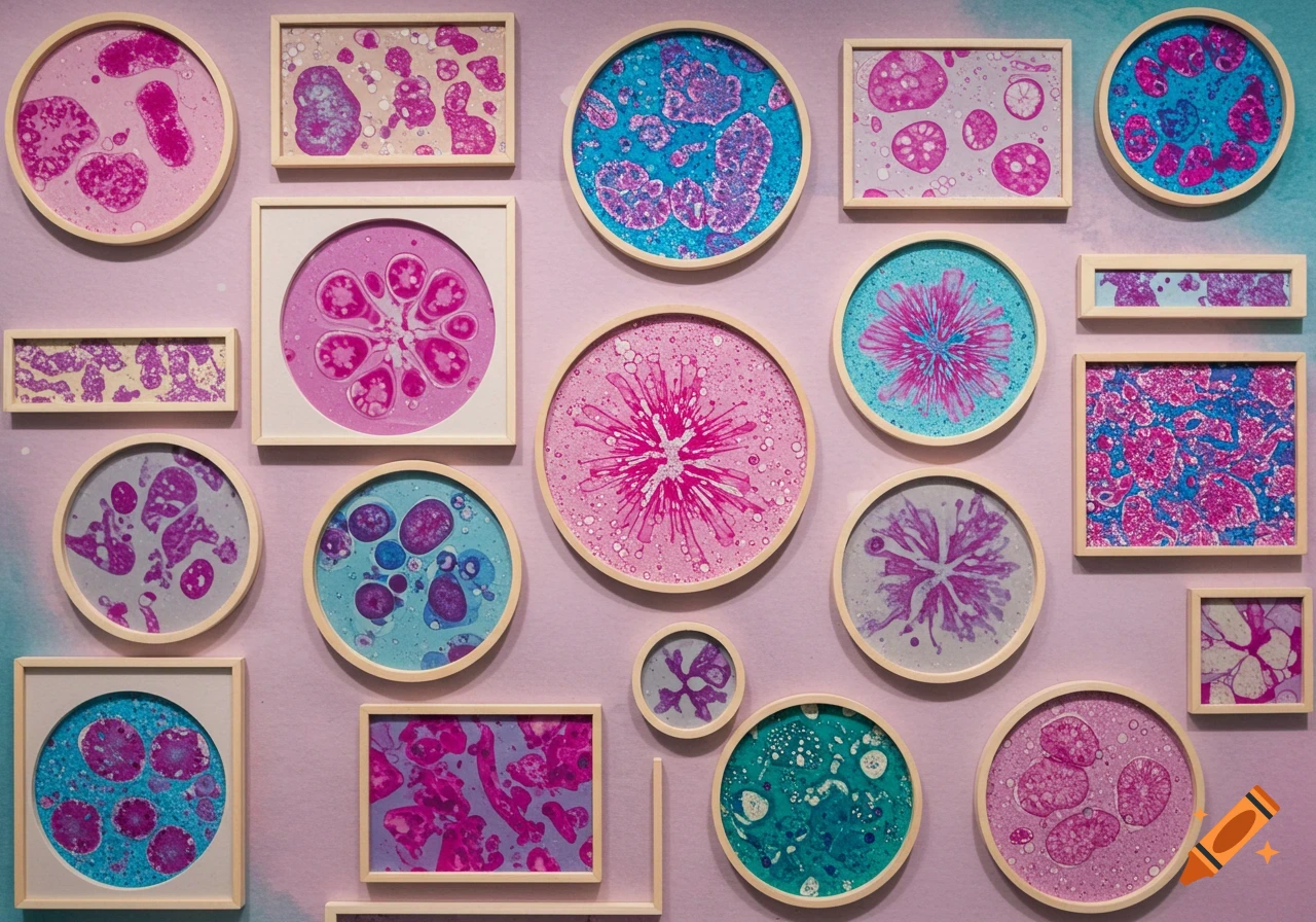 A wall covered with various framed abstract artworks, some round and some rectangular, featuring colorful microscopic patterns in pinks, blues, and purples.
