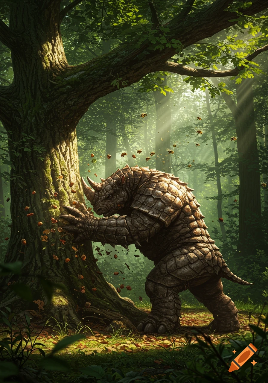 A photorealistic, armored fantasy creature shakes a tree in a sunlit forest, with bees and leaves scattering.