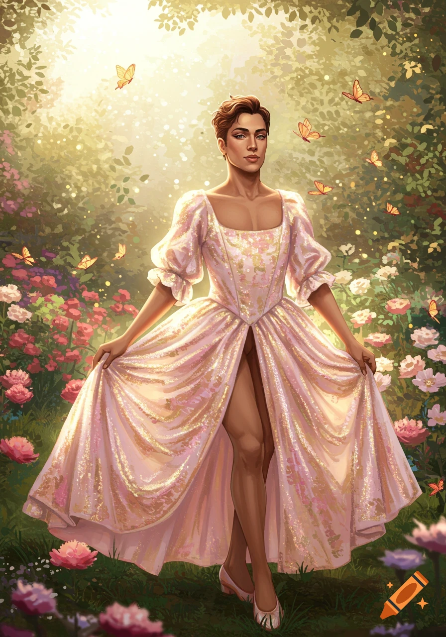 A person in a shimmering pink gown with a high slit stands in a sunlit garden with flowers and butterflies.