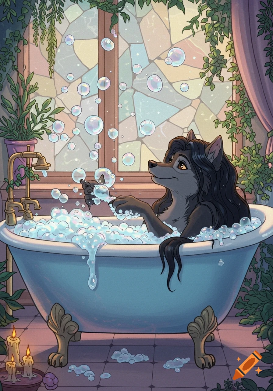 A Disney-style anthropomorphic wolf woman with dark hair takes a bubble bath, admiring floating bubbles in a plant-filled bathroom with a stained-glass window.