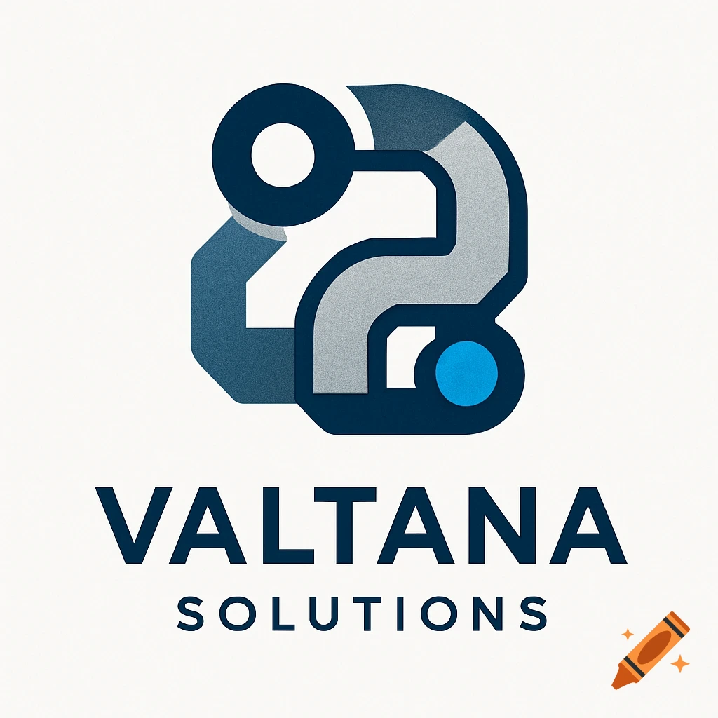 A modern geometric logo for Valtana Solutions, featuring abstract blue and silver shapes above the company name, on a white background.