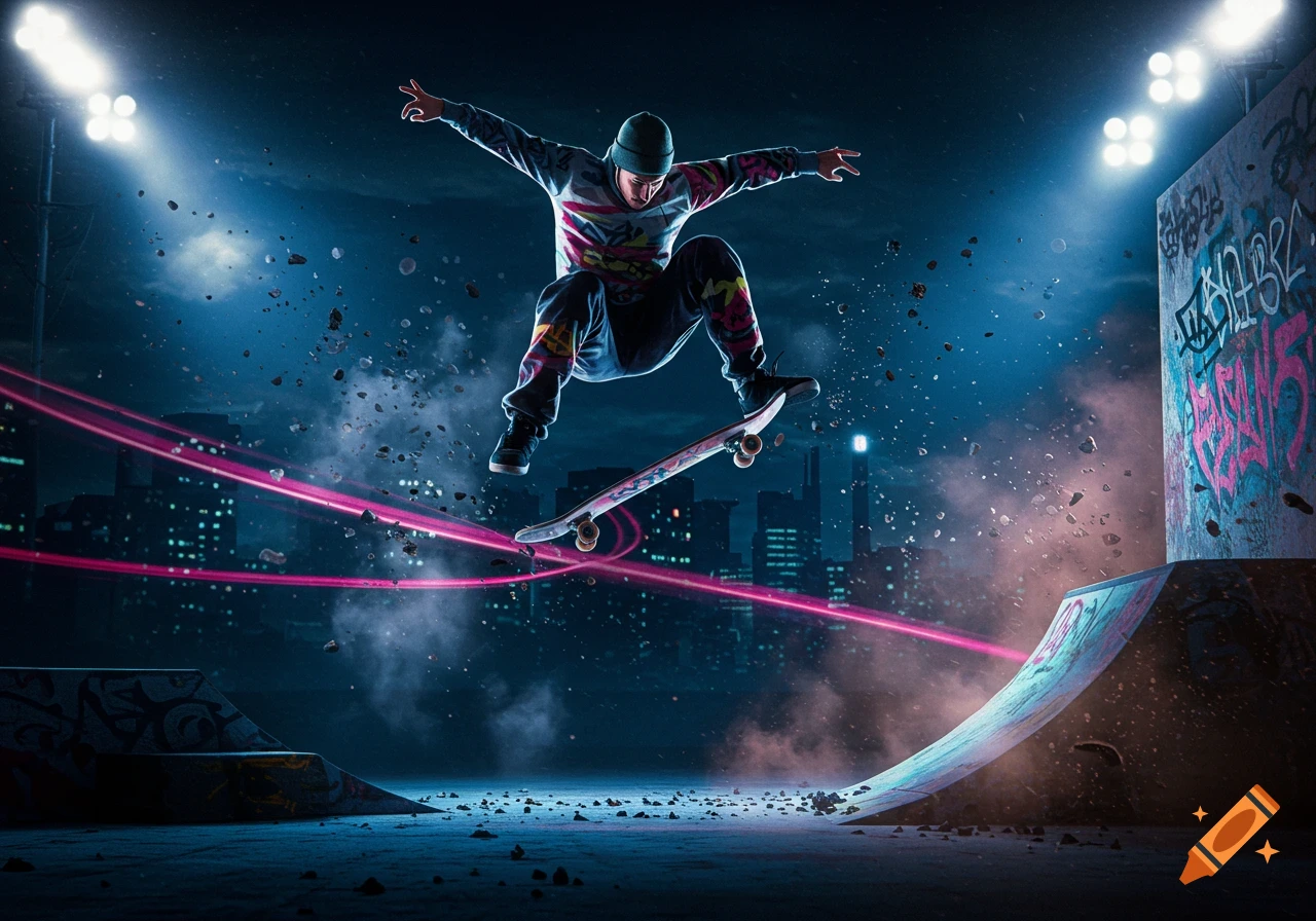 A skateboarder jumps high over a ramp at night, surrounded by debris and pink light trails, with a city skyline in the background.