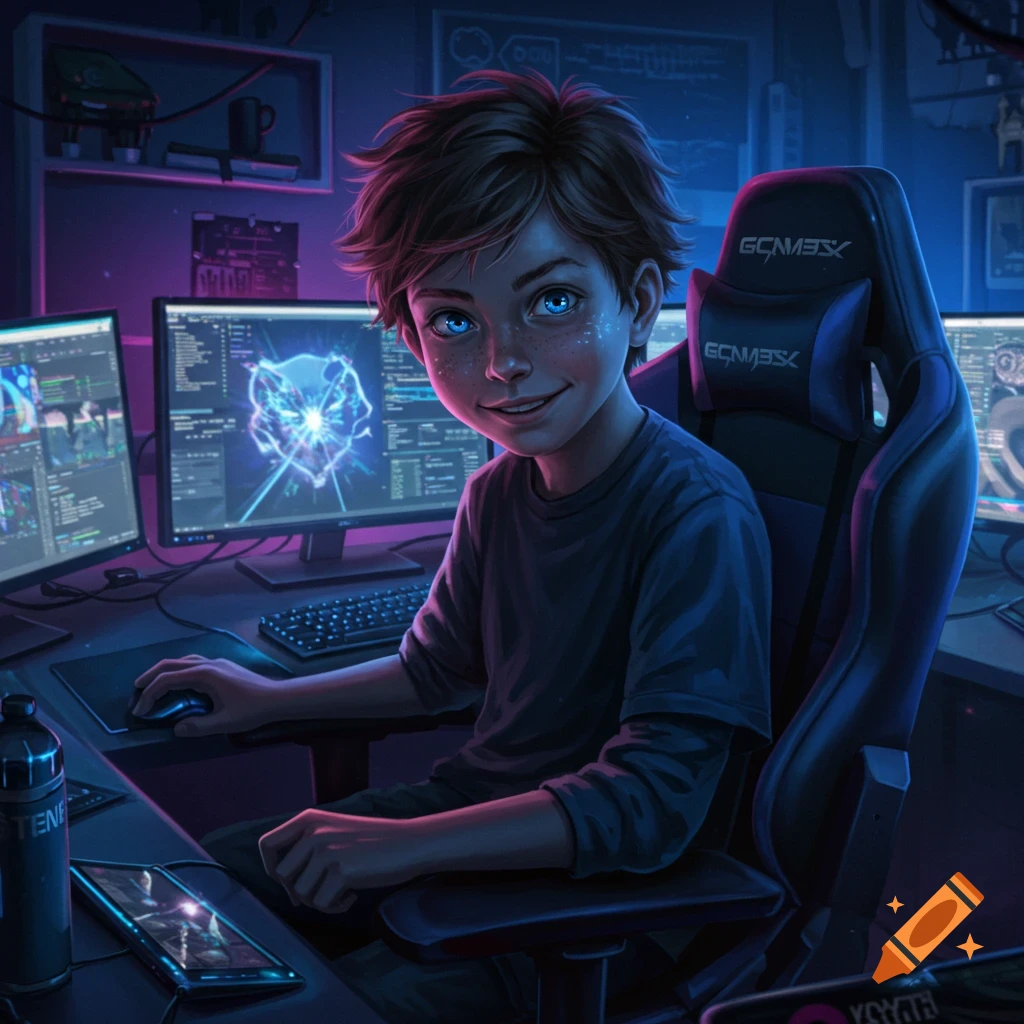 A smiling, blue-eyed boy with messy brown hair sits in a gaming chair at a desk with multiple monitors displaying code and glowing graphics, in a cool-toned digital art style.