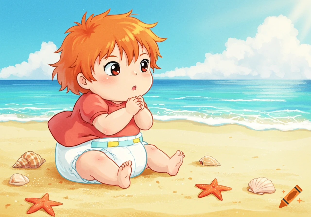 Cute anime baby with orange hair, resembling Ponyo, sits in a diaper on a sunny beach with seashells.