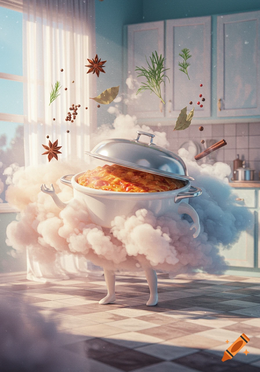 A whimsical cooking pot with human-like legs and arms holds a casserole, surrounded by steam and floating spices, in a sunlit kitchen.