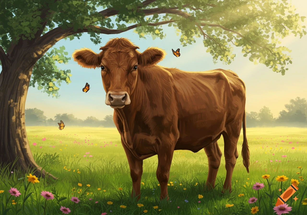A brown cow stands in a sunlit green field filled with colorful wildflowers, beneath a large tree, with butterflies flying around.