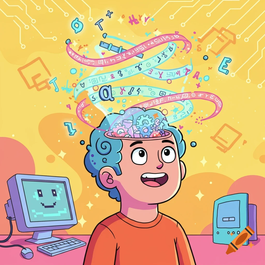 A cartoon boy with an open head, from which data, symbols, and gears flow. He looks up while an old computer with a smiley face and another device are nearby. Yellow background.