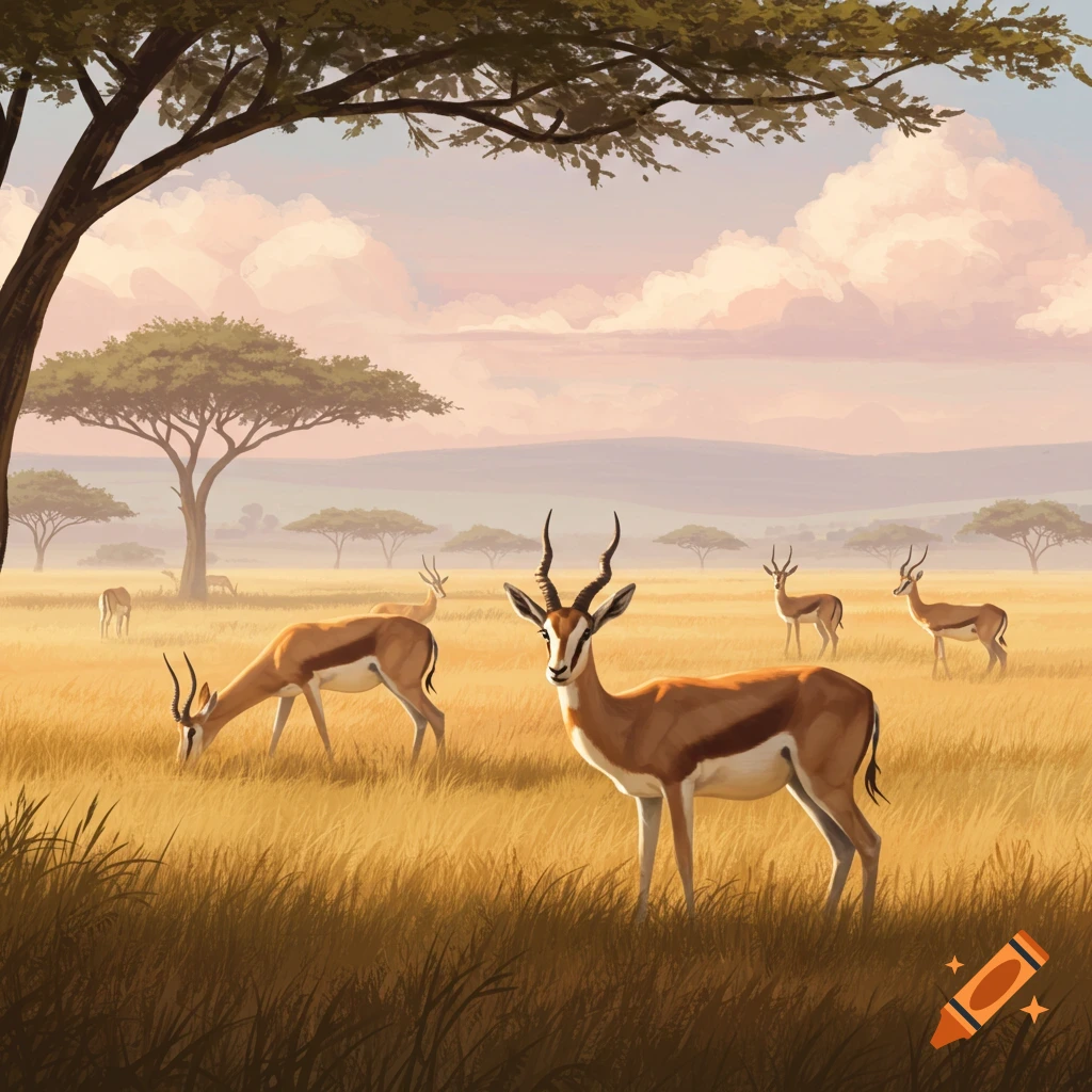 Illustration of gazelles grazing in a golden savanna with acacia trees under a pastel cloudy sky.