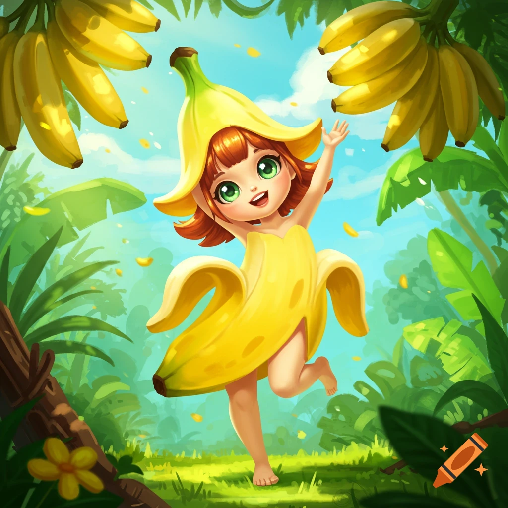 A cheerful cartoon girl with red hair, dressed in a yellow banana costume, stands barefoot in a vibrant jungle with banana trees.
