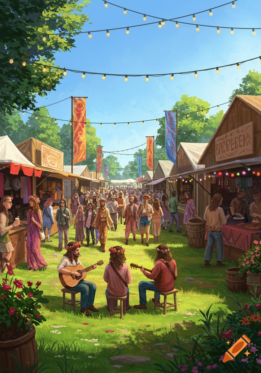 A vibrant outdoor market or festival bustling with people, stalls, and two musicians playing guitars under string lights.