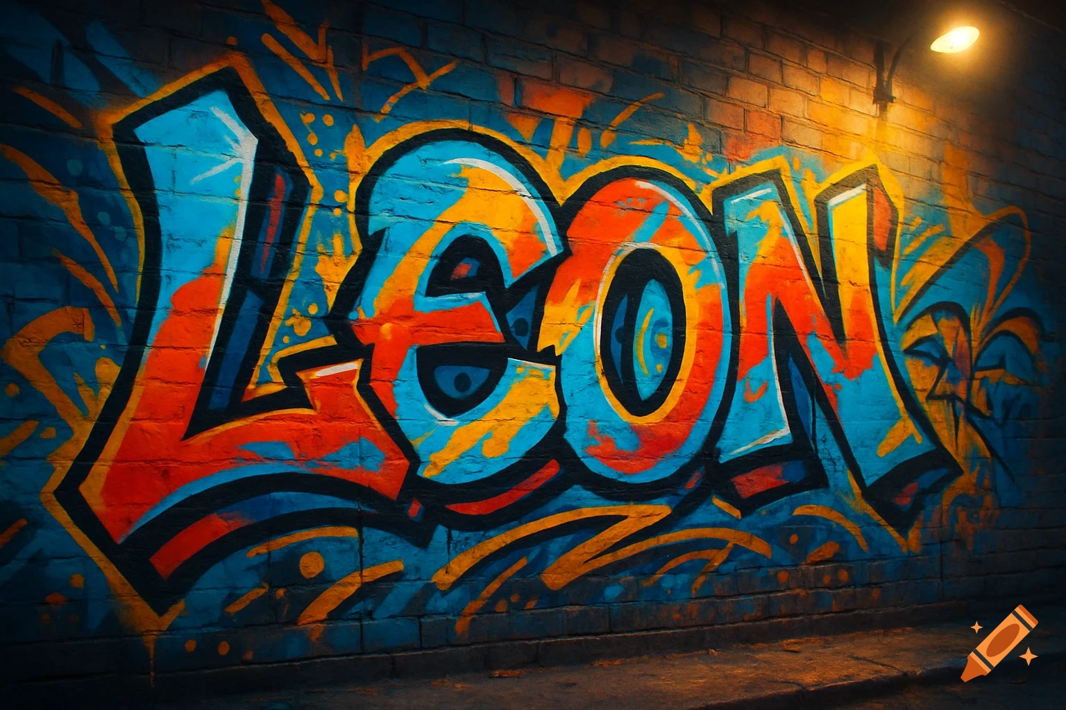 Colorful graffiti of the name 'LEON' in red, blue, and yellow on a brick wall, illuminated by a street lamp.