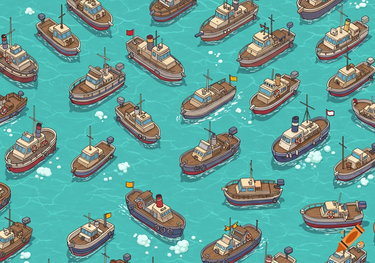 A seamless pattern of various cartoon motor ships, with different sizes and models, floating on turquoise water, viewed from above.