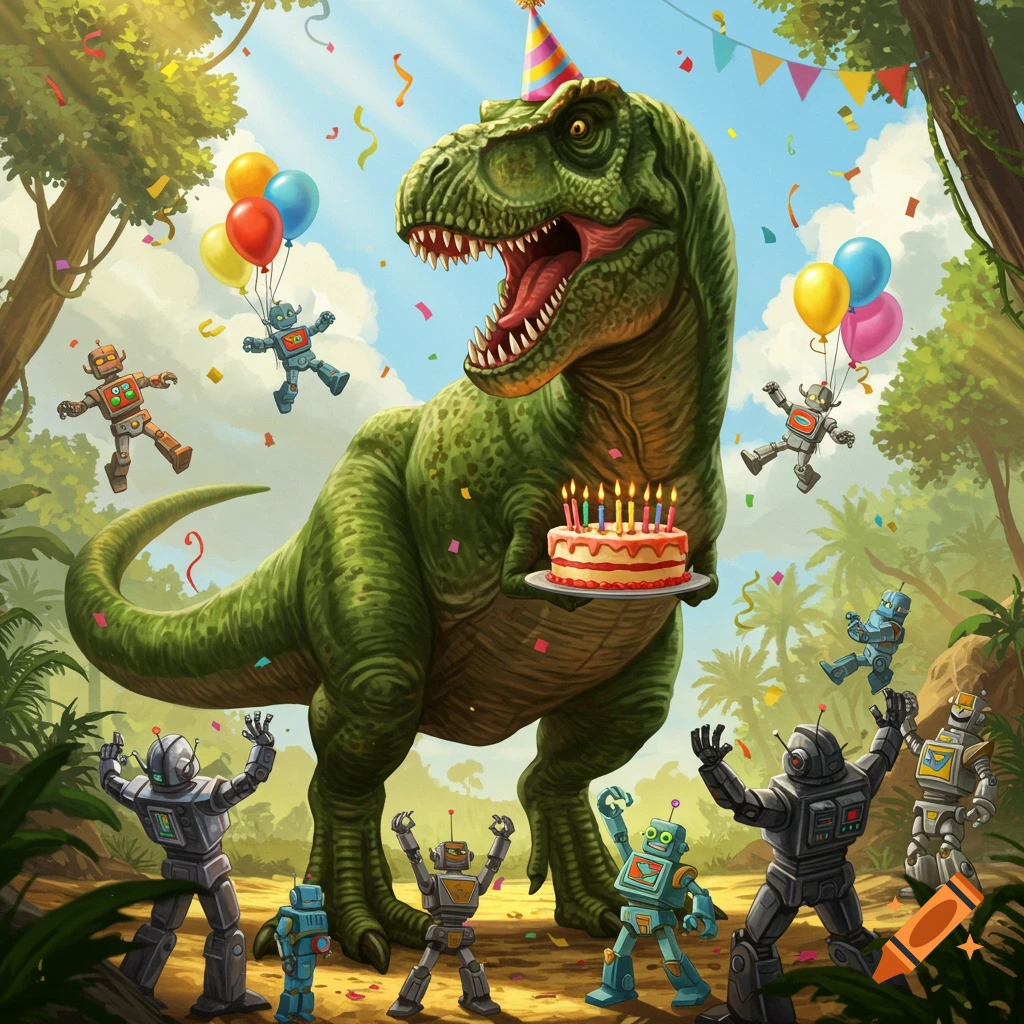 A giant T-Rex in a party hat holds a birthday cake, surrounded by various robots, balloons, and confetti in a sunny jungle scene.