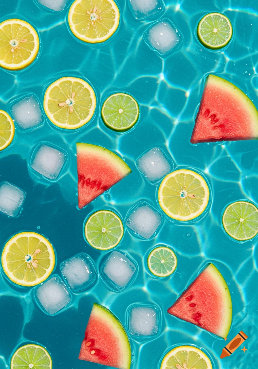 Lemon, lime, and watermelon slices with ice cubes floating in clear blue water, viewed from overhead.
