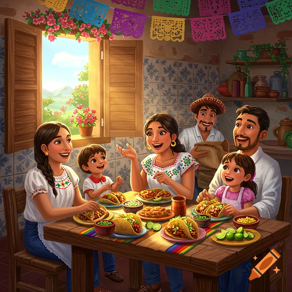 A happy Mexican family sits around a wooden table, enjoying tacos and other dishes in a brightly lit, decorated home.