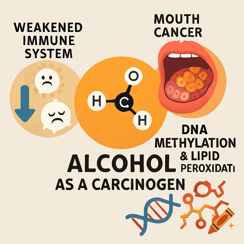 A diagram illustrating alcohol as a carcinogen, showing a weakened immune system, mouth cancer, a chemical structure of alcohol, DNA, and lipid peroxidation.