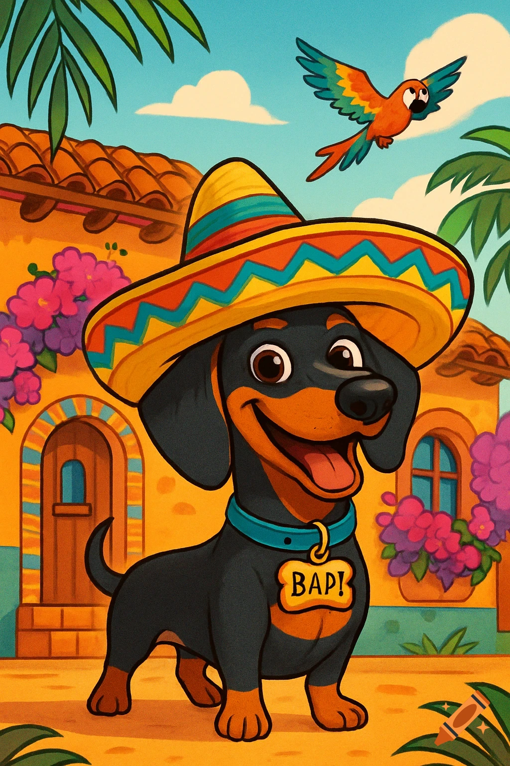 A happy cartoon dachshund in a colorful sombrero and blue collar with a name tag, in front of a Mexican-style house with a flying parrot.