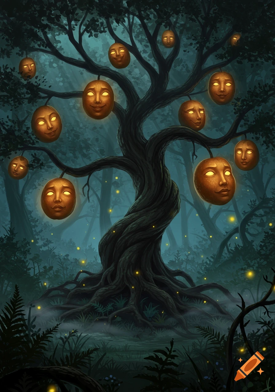 A detailed illustration of a dark, gnarled tree in a mythical forest, bearing glowing, human-faced fruits and surrounded by fireflies.