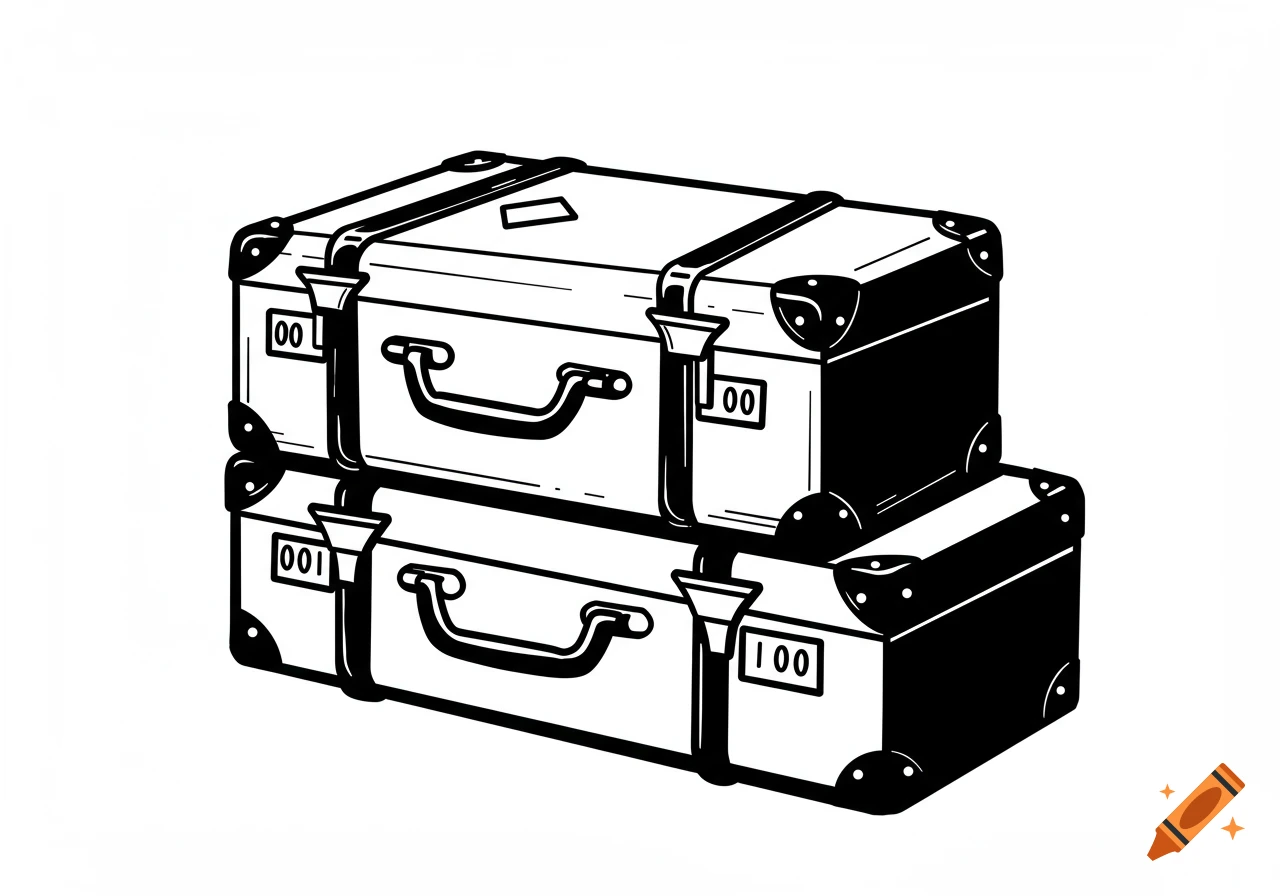 Black and white line art illustration of two stacked suitcases.
